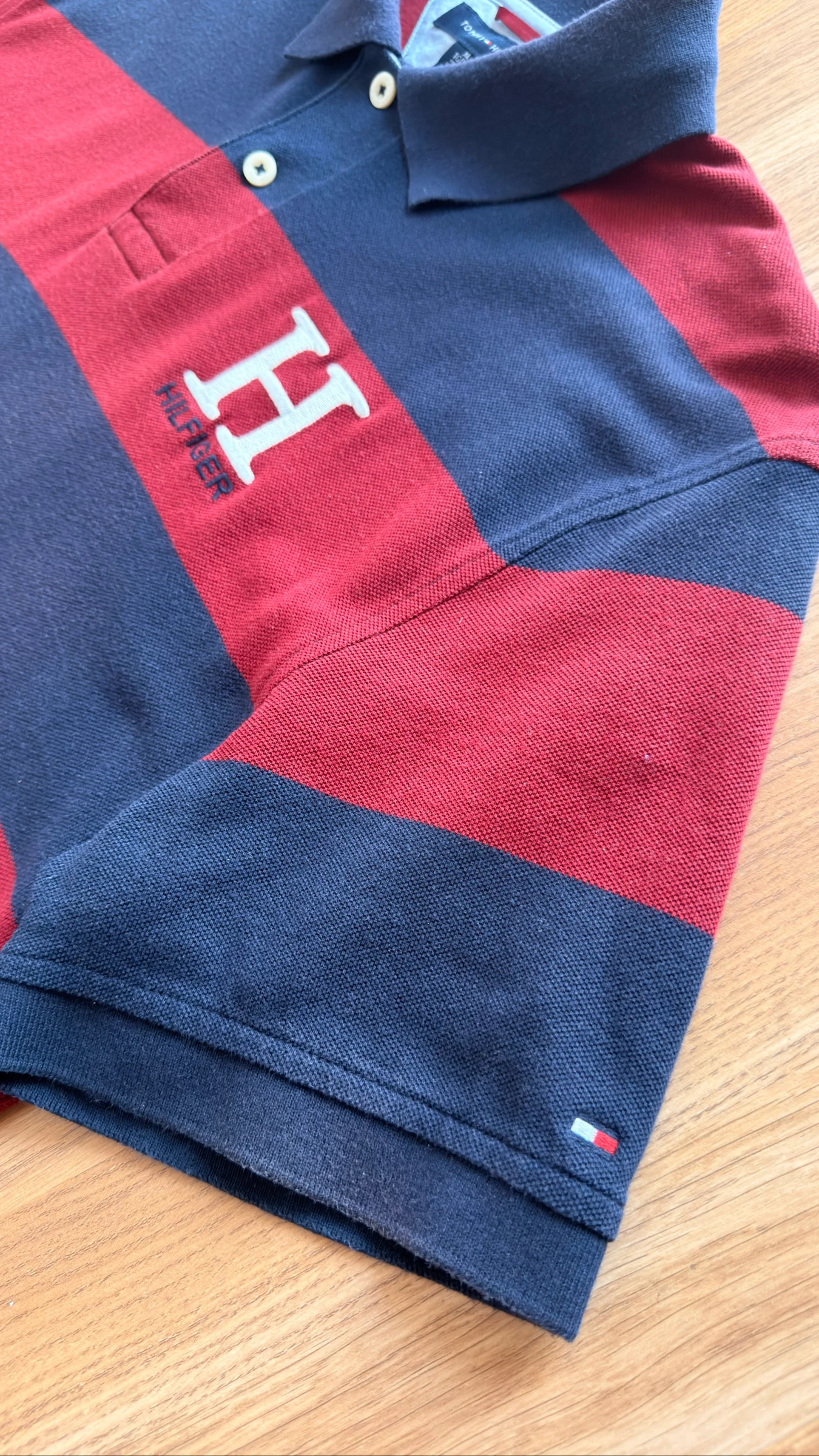 Tommy Hilfiger Polo Shirt Y2K Aesthetic Rugby Style Navy Burgundy Striped Slim Fit XL – photo 3